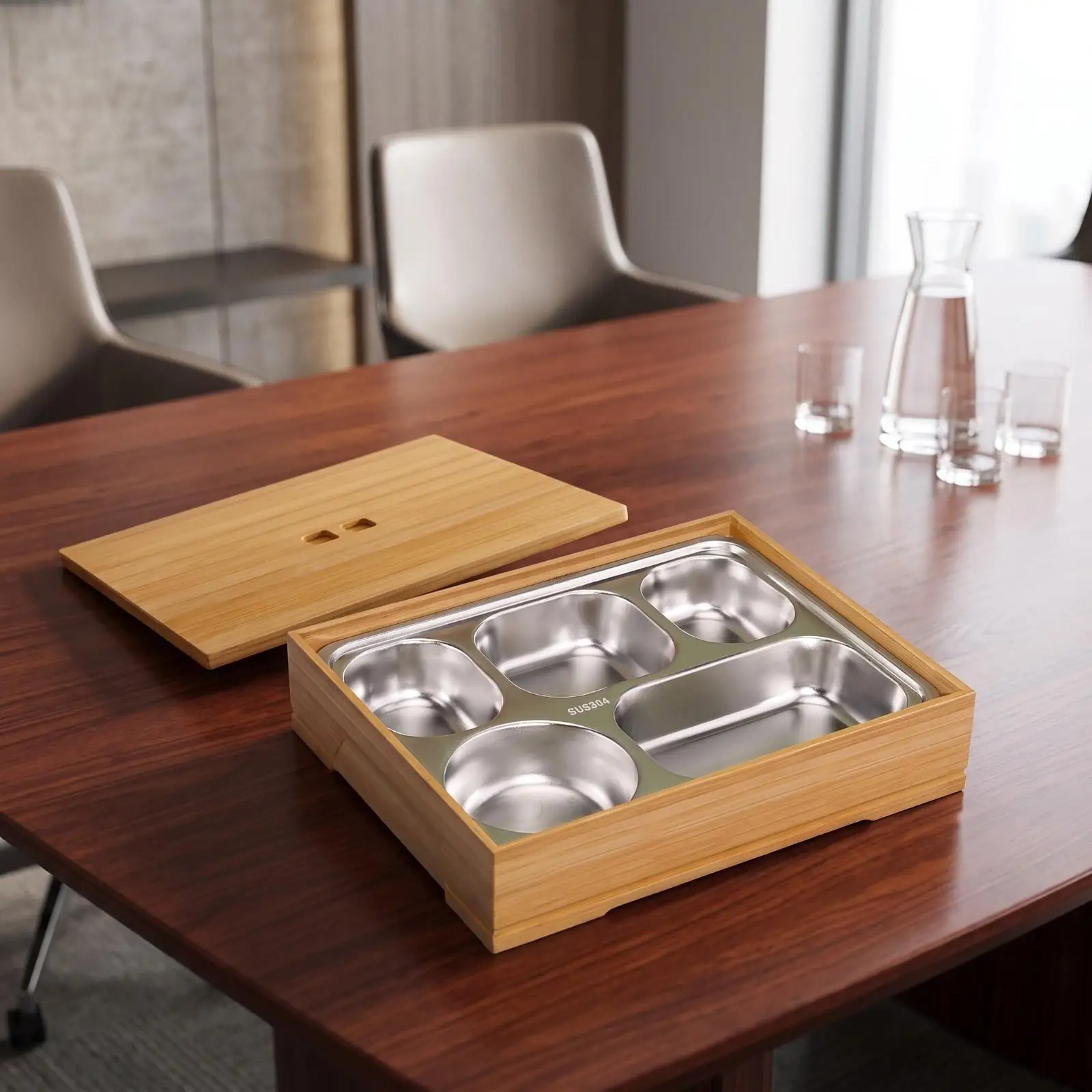 Portable Lunch Box Set with 304 Stainless Steel Tray and Bamboo Shell for Adults Work
