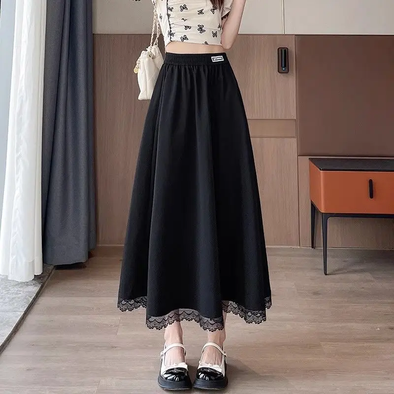 High Waist Loose Lace Patchwork Solid Trend A-line Skirt Women Clothing Thin Simplicity Fashion Midi Skirt Casual Korean Summer