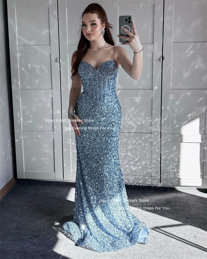 Xijun Glitter Mermaid Long Evening Dresses Blue Sequined Sweetheart Prom Dresses Sexy Spaghetti Strap Formal Party Gowns 2025