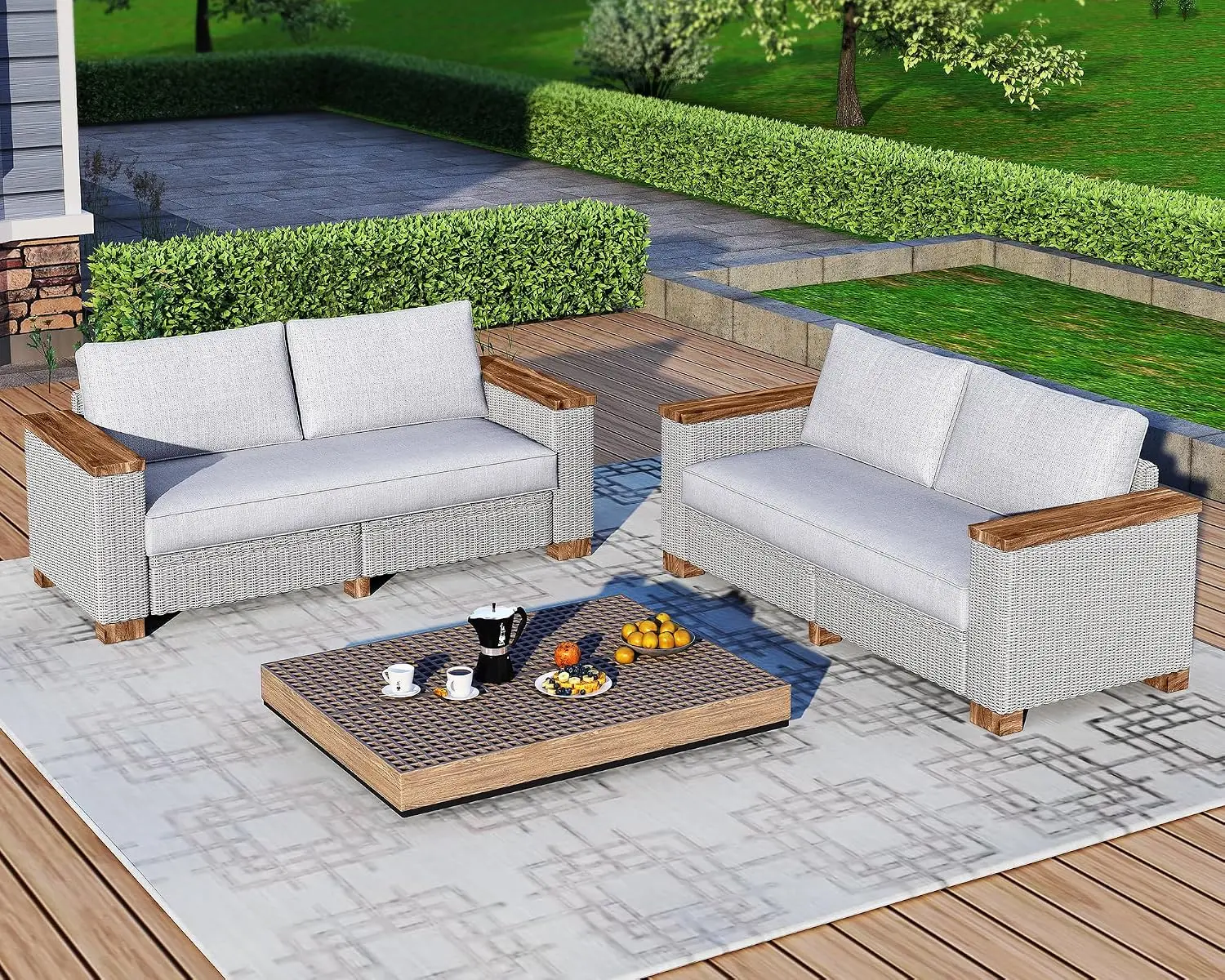 All-Weather Wicker Patio Sofa Set With Wood Armrests & Legs, Cushioned Outdoor Sectional For Backyard Porch Garden, Customized