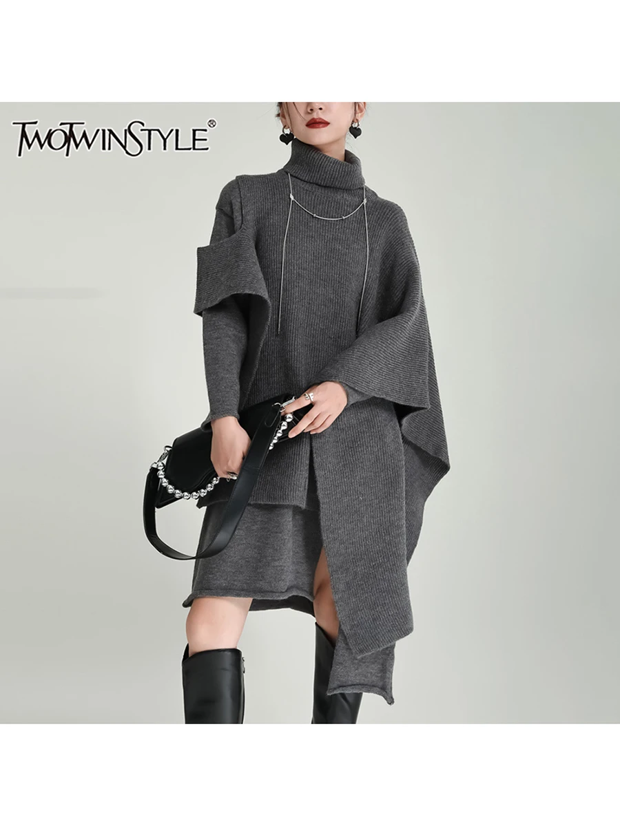 

TWOTWINSTYLE Casual Two Piece Set For Women High Neck Long Sleeve Coat O Neck Long Sleeve Irregular Hem Dress Knitted Set Female