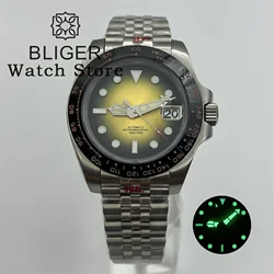 BLIGER 40mm NH35A Automatic Mechanical Diving Watch For Men Ceramic insert Gradient Yellow Dial Sapphire Glass Steel bracelet