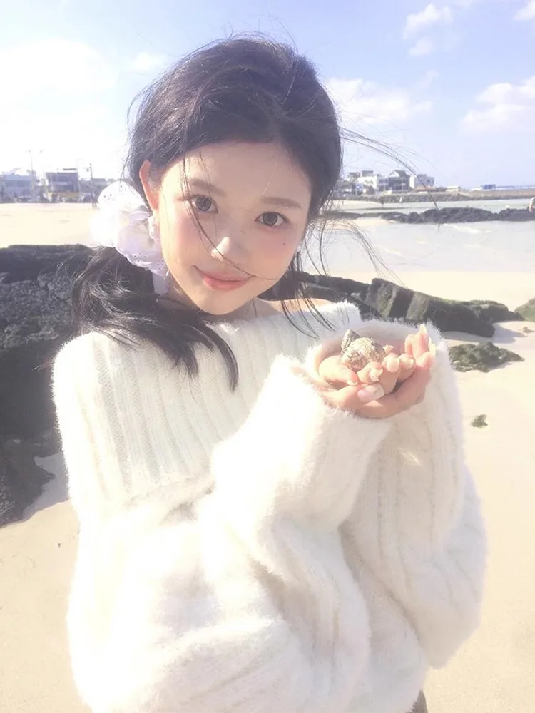 Temperament Slash Neck Knitted Sweaters Loose Grunge Y2k Aesthetic Pullovers All Match Fairy Solid Elegant Off Shoulder Jumpers