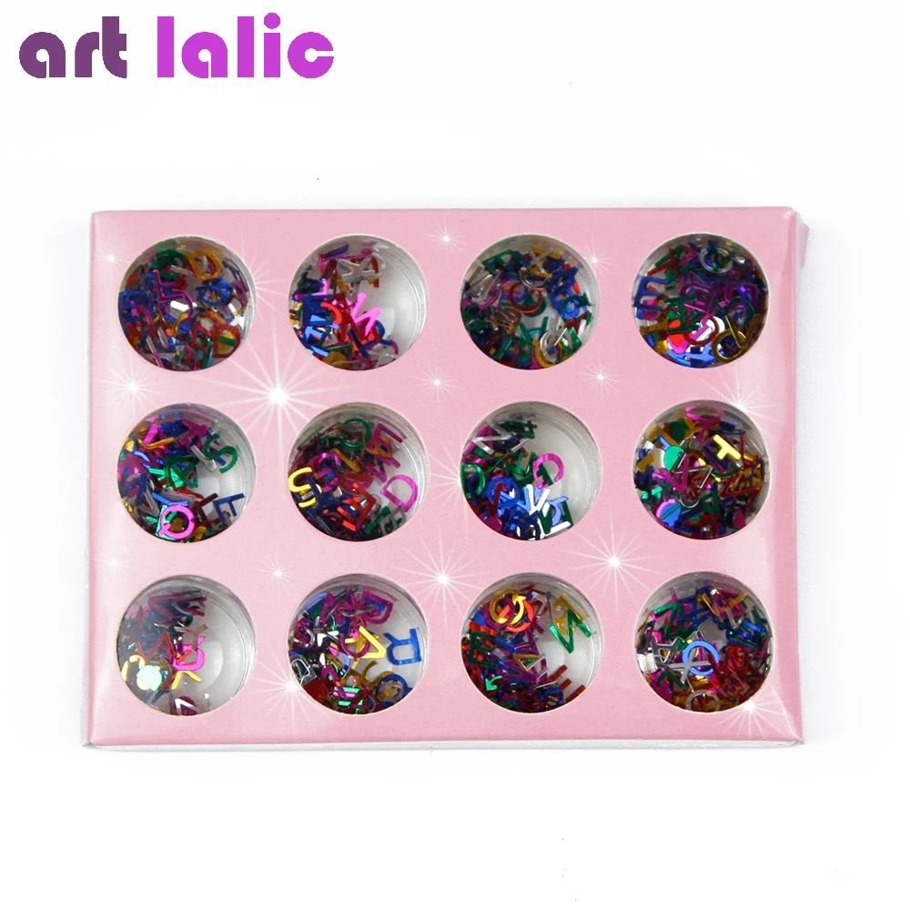 12Pcs/Set Nail Sequins Colorful 3D Thin Confetti Hollow Heart Alphabet Sparkly Glitter Acrylic UV Gel Polish DIY Nail Art Decor