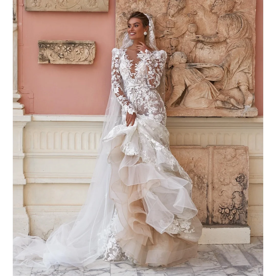 

Mermaid Wedding Dresses Long Sleeves Lace Appliqued Bridal Gown Illusion Beaded Luxury Party Dress robe de mariée Customized