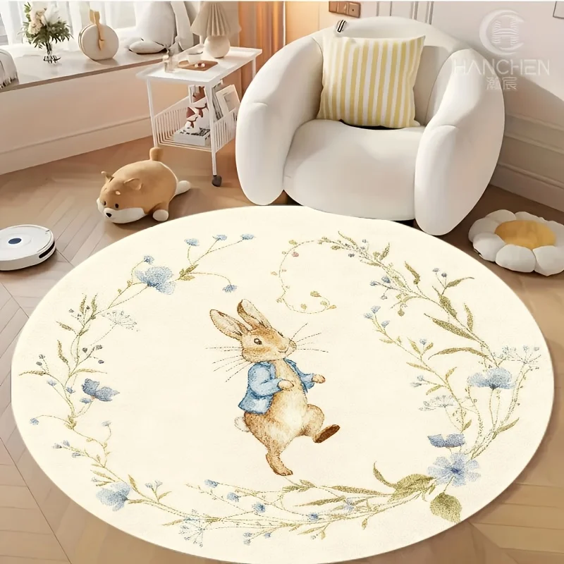 VIKAMA Peter Rabbit Watercolor Flower Round Carpet French Pastoral Living Room Bedroom Bedside Soft And Comfortable Foot Mat