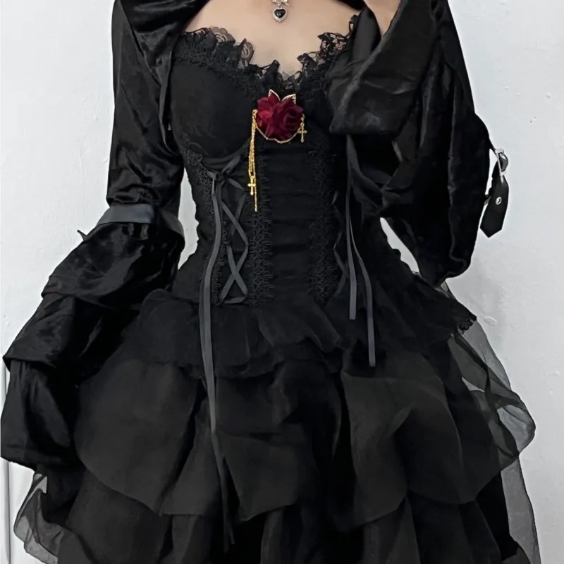 

Dark Goth Halloween costume with halter top chest pad waist tucked and puffy birthday skirt