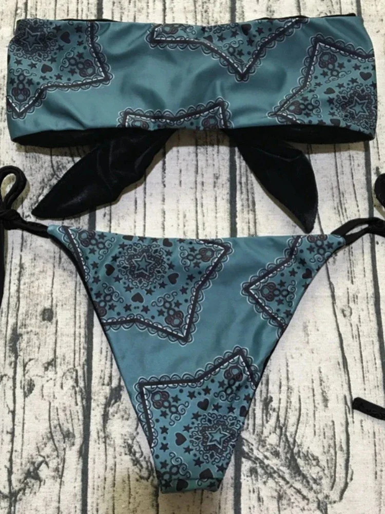 Retro Print Bikini Set 2025 Bow Swimsuit for Women Low Waist Lace-up Thong Swimwear with Straps Summer Vacation Bathing Suit