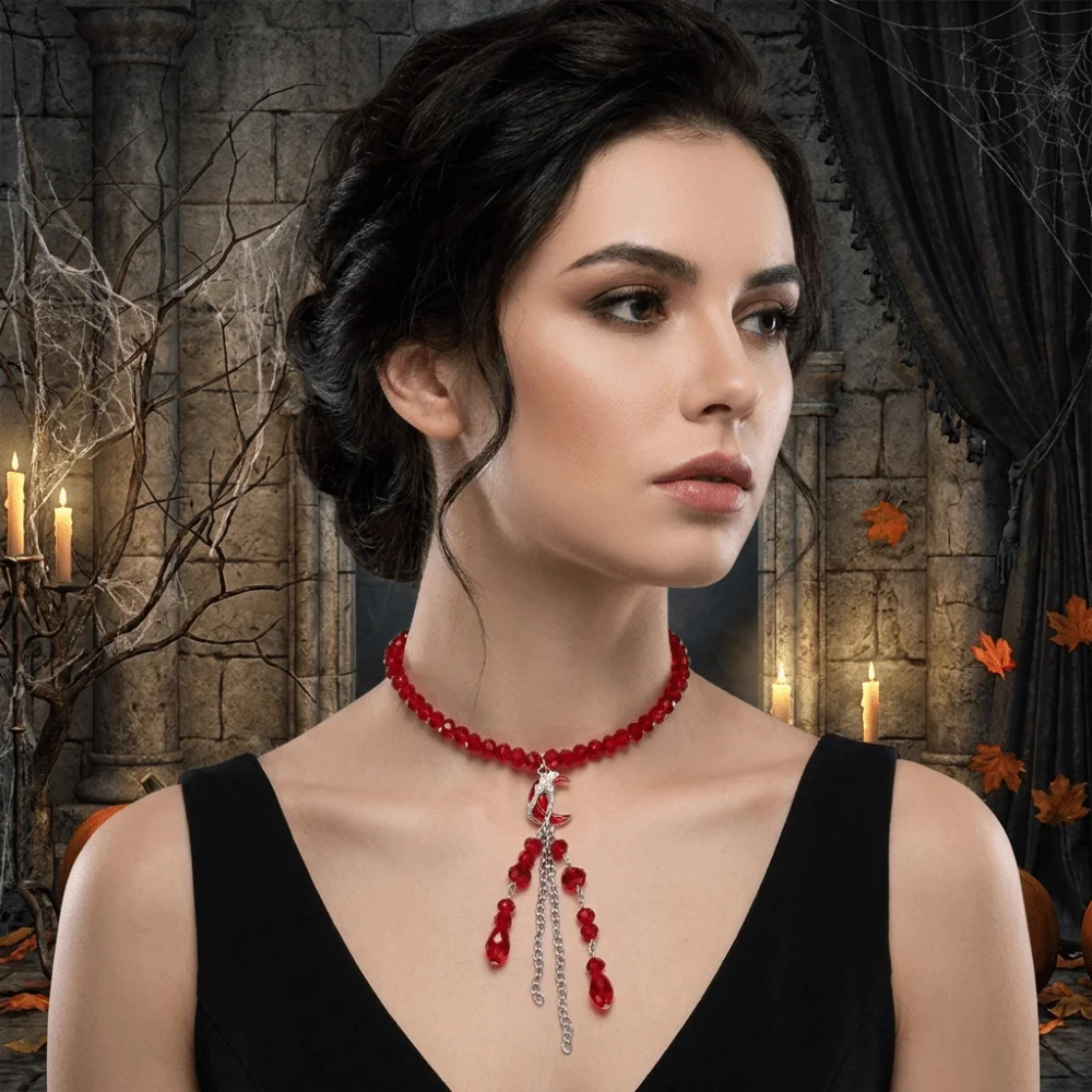 Creative Gothic Blood Drop Necklace Red Tassel Halloween Collarbone Chain Y2K Choker Halloween Earrings Women