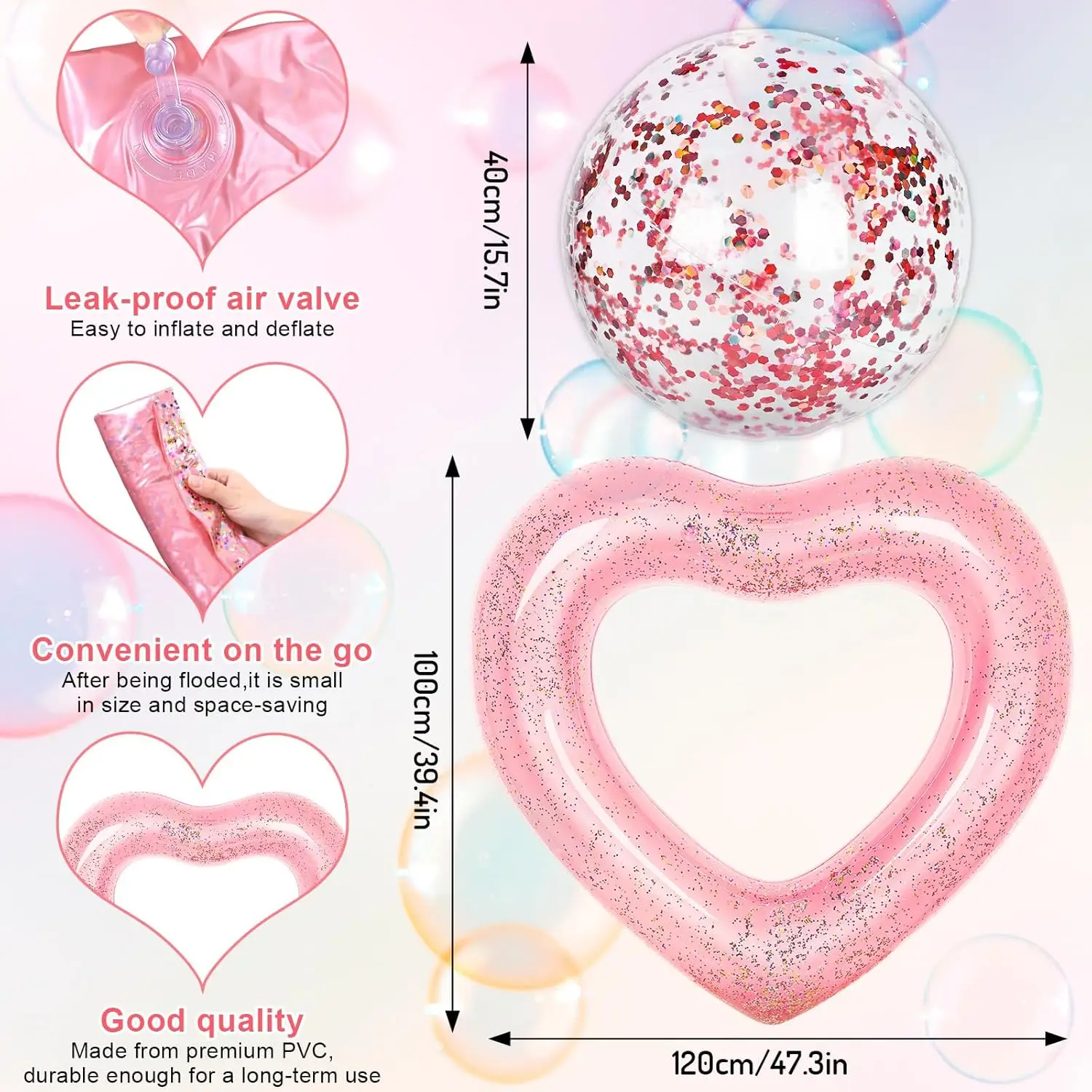 4 pezzi galleggiante gonfiabile per piscina a forma di cuore con pallina da spiaggia glitter all'interno in oro rosa anelli per piscina a forma di cuore galleggianti lettini tubo per S