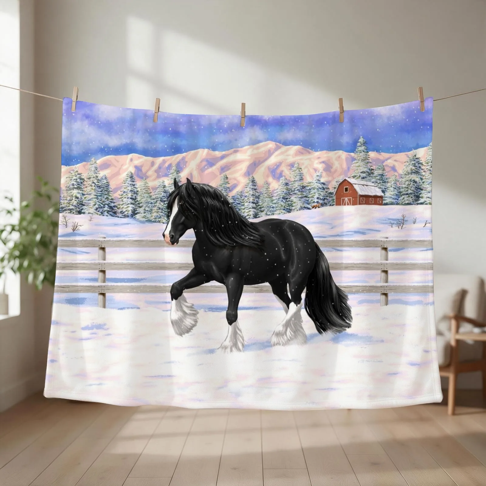 Black & White Gypsy Vanner Draft Horse In Snow Throw Blanket couch cozy soft plush fuzzy picnic outdoor blanket