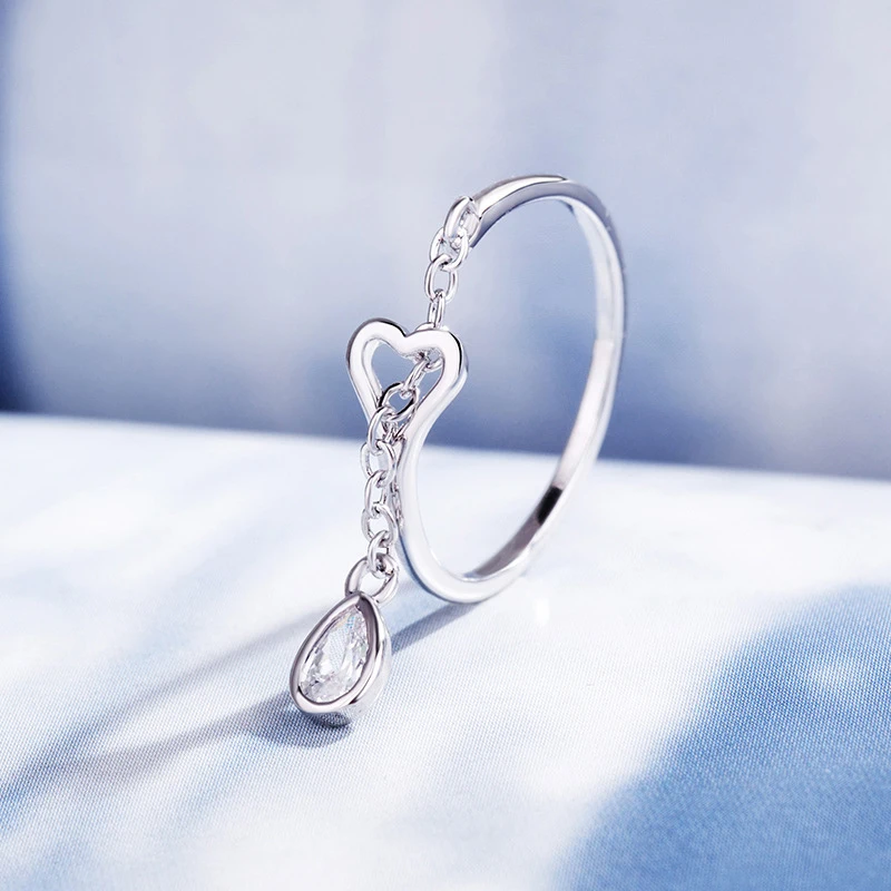 Hot Sale Fashion AAA Zircon Waterdrop Pendant Chain Rings 925 Sterling Silver Adjustable Heart Ring For Women&Girl Jewelry Gift