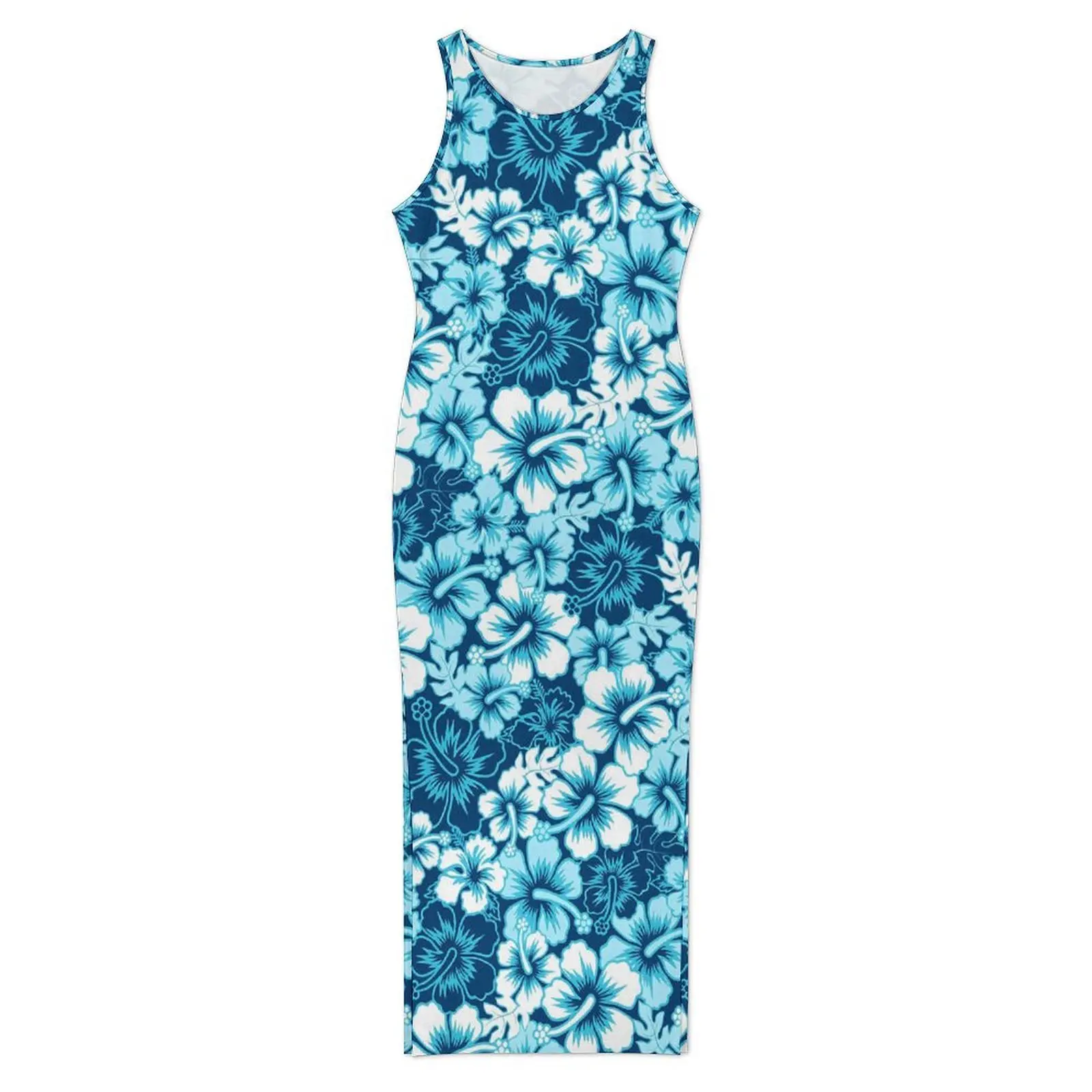 Robe florale bleue sans manches imprimé Hibiscus décontracté Y2k robes Maxi robe moulante mignonne femmes graphique surdimensionné Vestido
