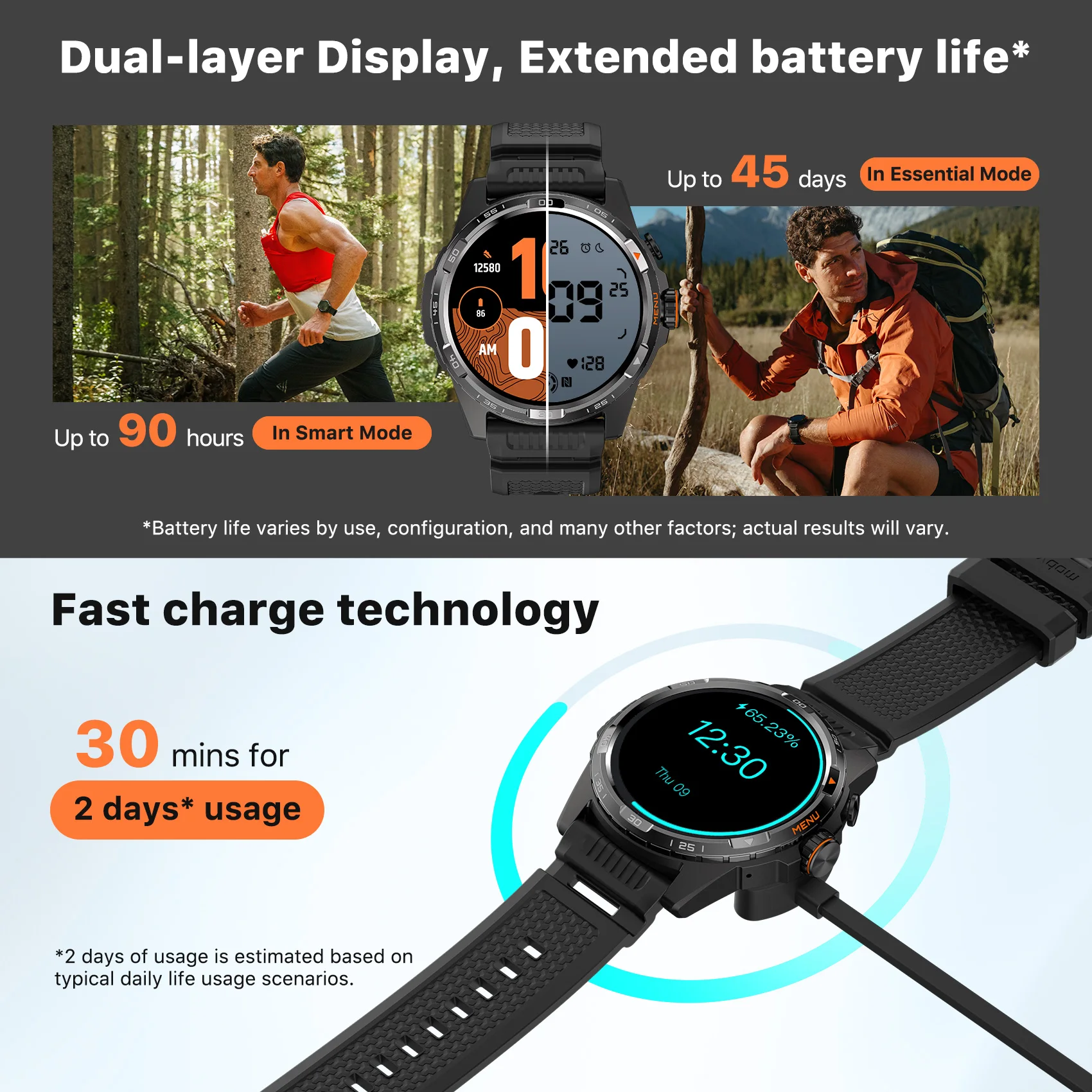 TicWatch Atlas Black Smartwatch, max 45 days Battery, motion tracking, GPS, barometer, compass, 110+ workout, only for Android