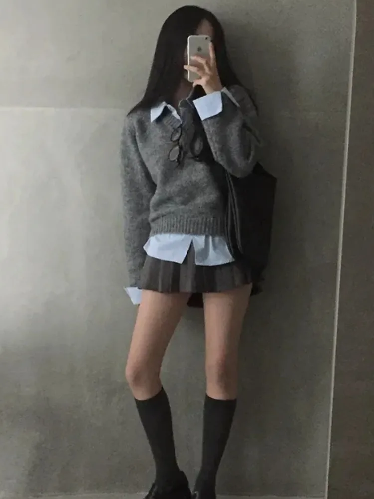 

Шикарный ранний весенний вязаный топ в консервативном стиле с длинным светом, женский модный студенческий ветровой воротник в стиле пэчворк, мягкий универсальный женский топ...