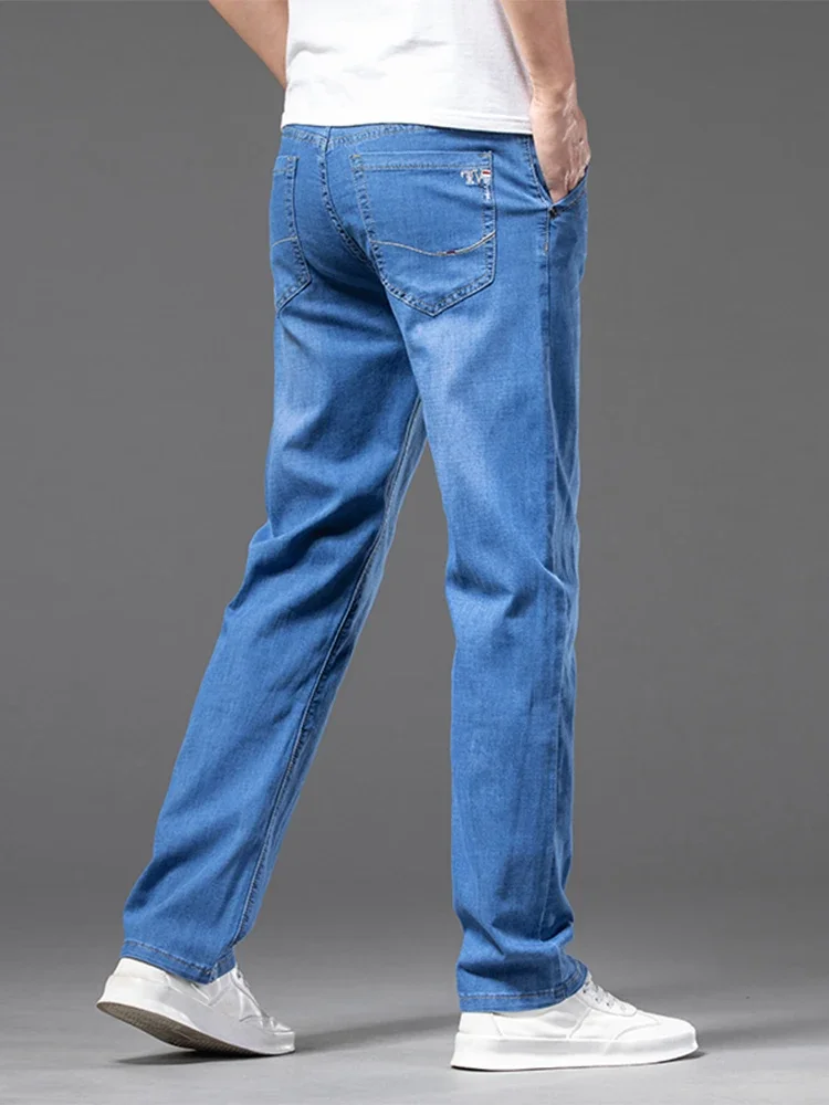 2024 Thin Men's Straight Jeans Classic Style Stretch Business Casual Baggy Denim Pants Male Brand Trousers Blue Black