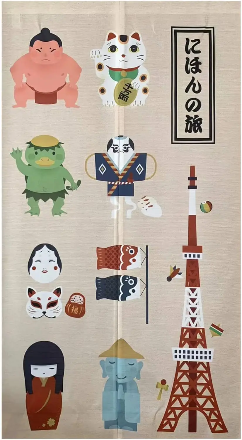 Japanese Travel Themed Noren Curtain, Tokyo Tower Lucky Cat Sumo Print, Cartoon Japanese Icon Pattern Door Curtain Home Entrance