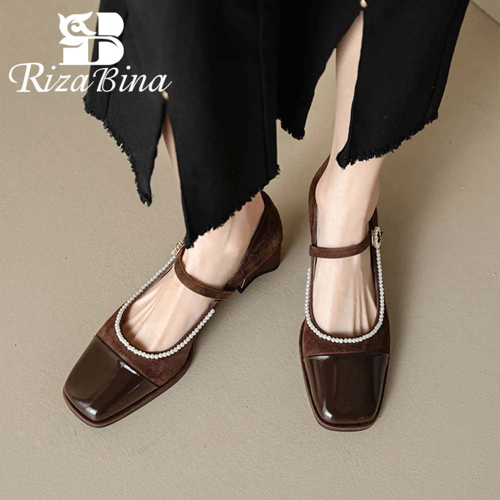 

RIZABINA Square Toe Women Pumps Kid Suede Shallow Mouth Pearl Decoration Mary Jean Shoes Buckle Strap Elegant Thick Heel Shoes