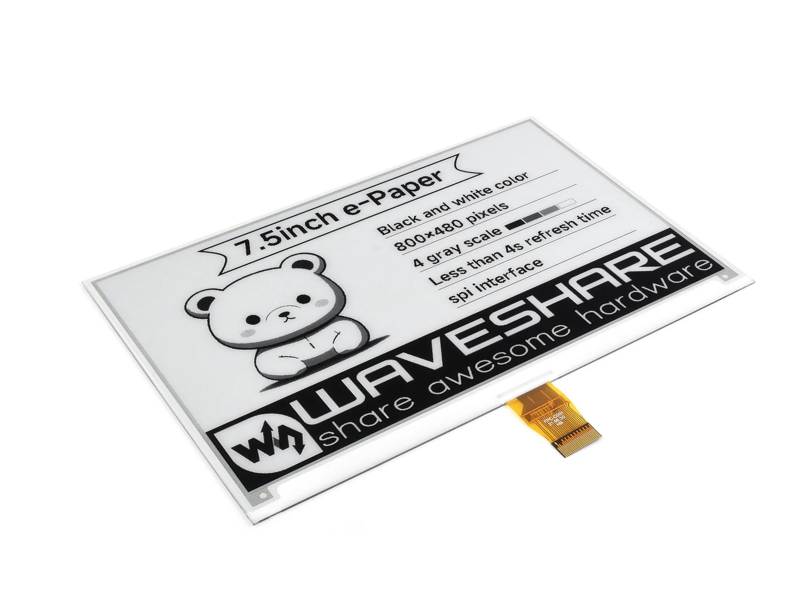 Waveshare-Ecrã E-Ink Raw, 800x480, Papel E a Preto e Branco, Interface SPI, Compatível com Raspberry Pi 2B, 3B, 3B +, Zero, W, 7,5"