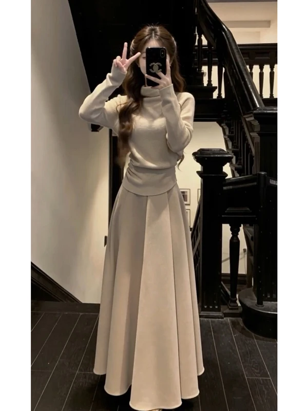 

Korean Sle Slimming Beautiful Knitwear Top High Waist Dr Women's Faion Set Comfortable Long Sve High Collar