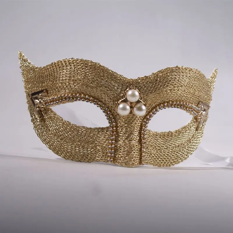 Gold Half Face Masquerade Mask with Pearl Rhinestone, Venetian Style for Halloween Party Ball, Wedding Cosplay for Adults & Kids 6