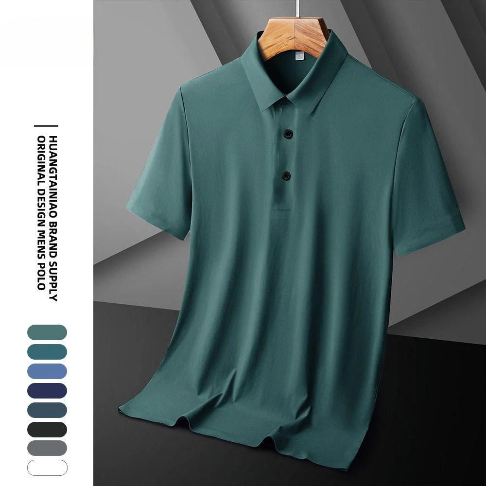 

Summer Ice Silk Seamless Shirt Men's Elastic No Iron Thin Short Sleeve Turn-down Collar T-shirt Fashion Casual Wear