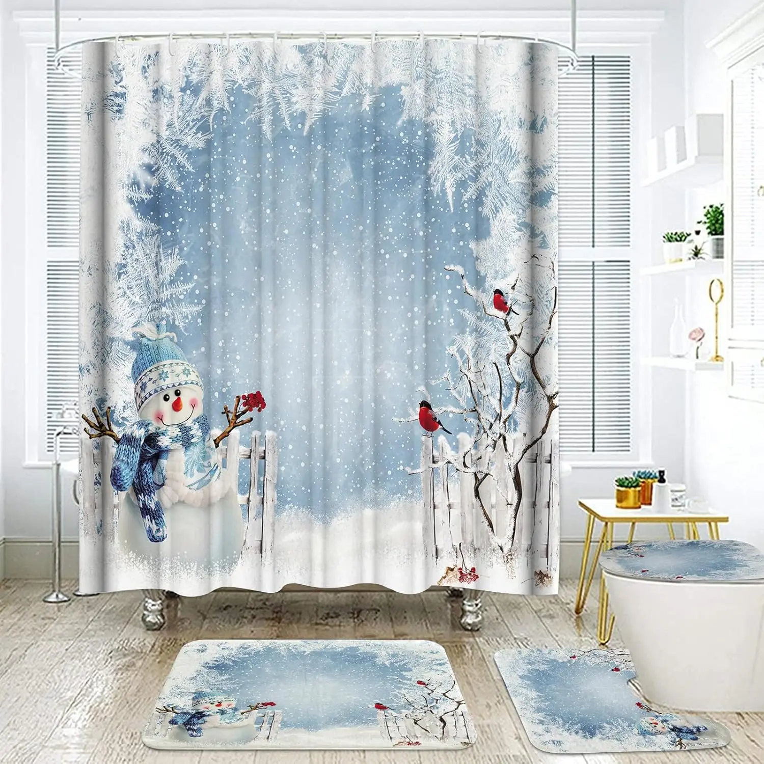 

4-Piece Christmas Shower Curtain Set, Winter Christmas Tree Cute Blue Snowman Holiday Merry Bathroom Set with Shower Curtain and