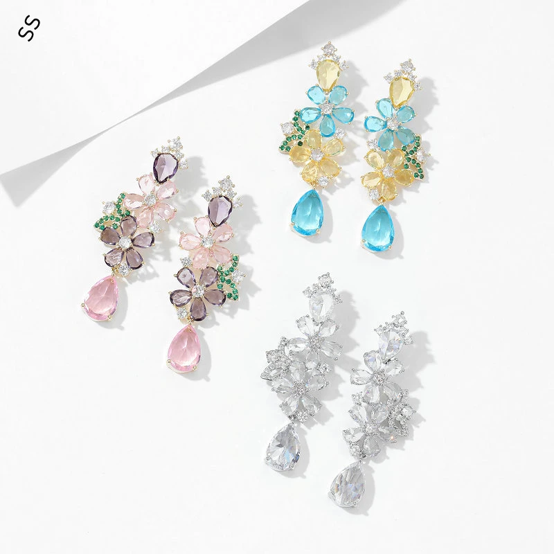 

Charms Trendy Colored Gemstone Zircon Earrings for Women Garment Accessories Fashion Flower Pendant Ear-pin 925 Silver Needle