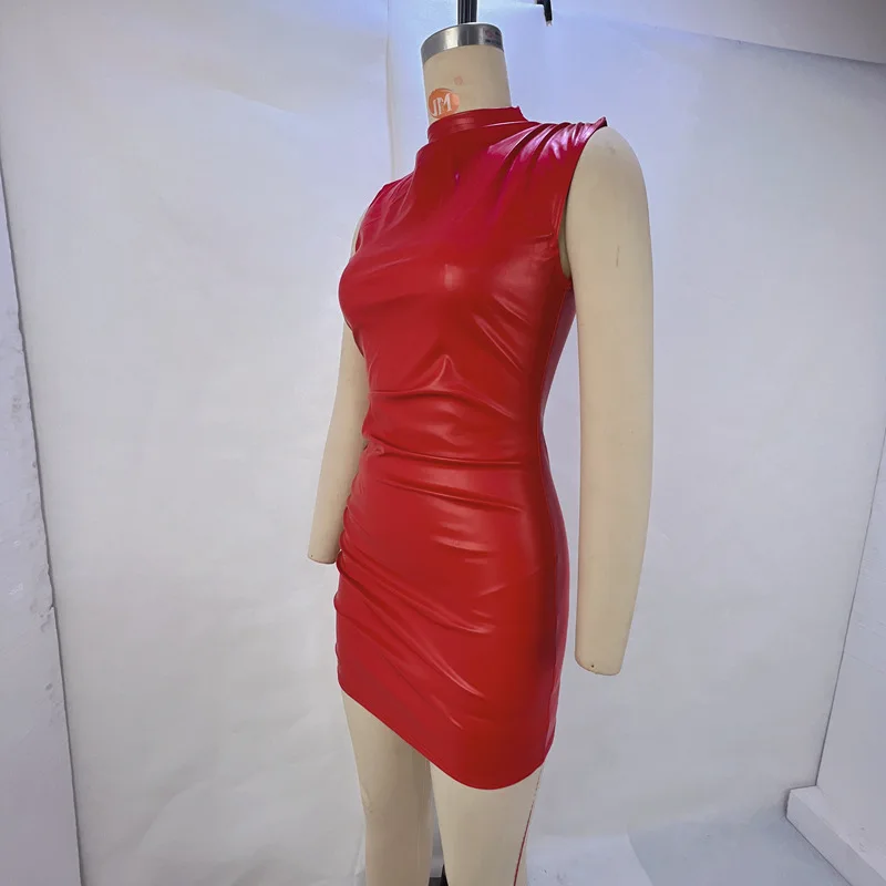 New In 2024 Women Fashion Spring Summer Red Sleeveless Pleated Pu Leather Dress Elegant Sexy Bodycon Club Mini Dresses