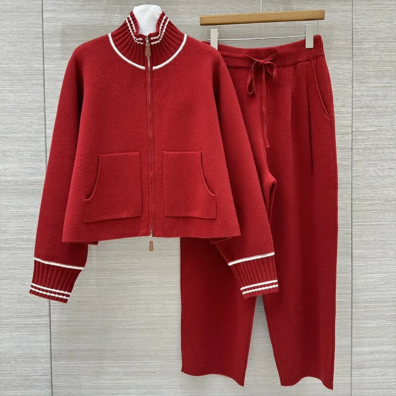 

Высококачественное цветное пальто с двойной молнией + брюки на шнуровке, женские кашемировые комплекты из двух предметов, модная роскошь 2593075