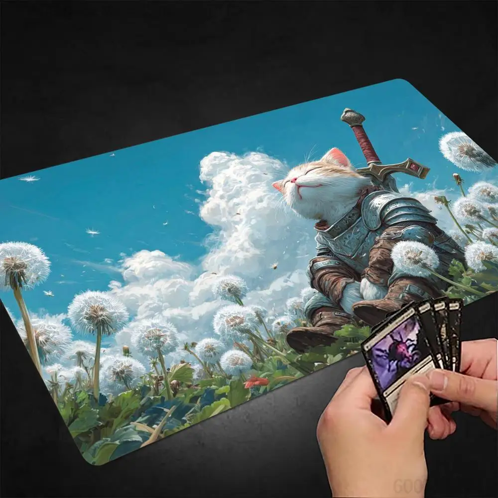 Märchenhafter Katzenritter MTG Spielmatte Magic Card Mat mit genähtem Rand, rutschfest, langlebig, Tischspielmatte, Brettspielmatte für TCG