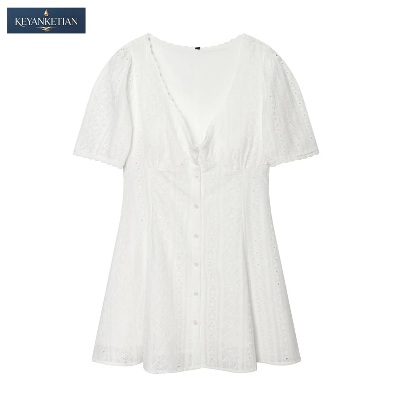 KEYANKETIAN 2026 Boho Summer A Line Mini Dress Women Deep V Puff Short Sleeve Embroidery Cotton Holiday Casual Short Dress