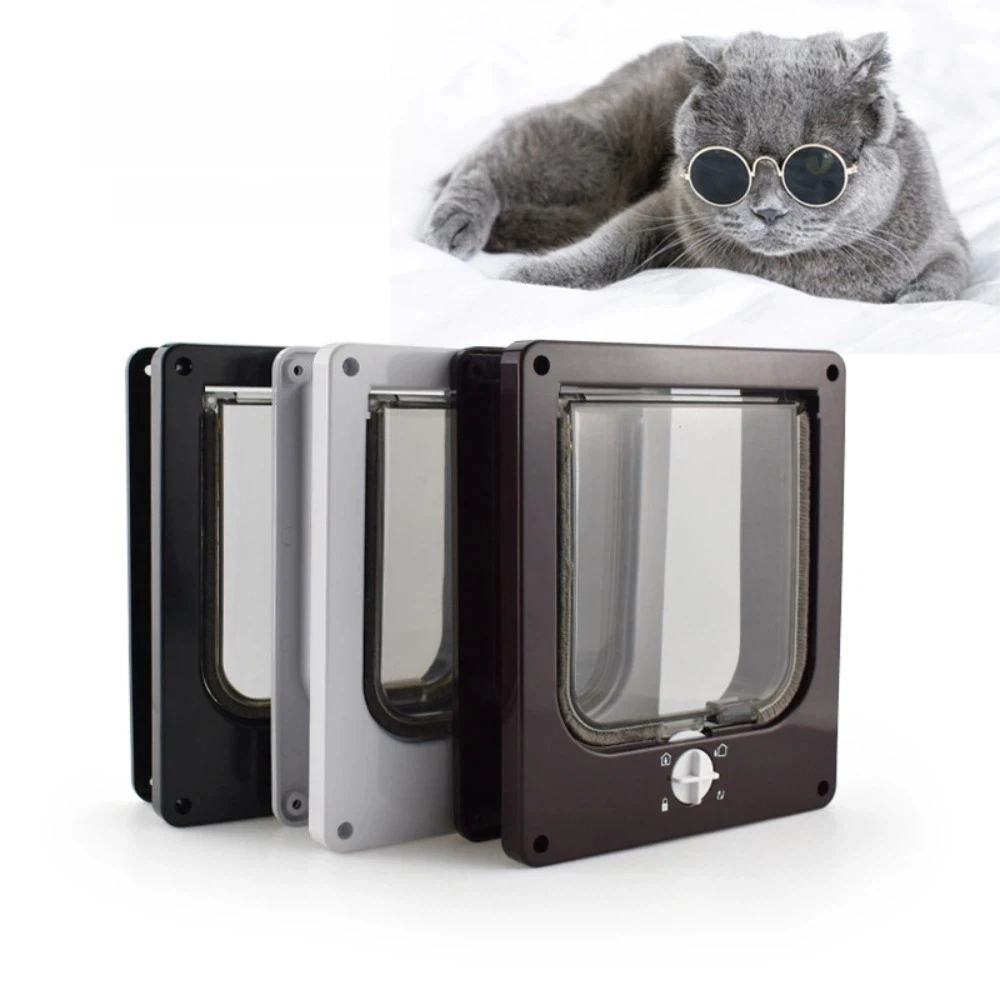 4 Ways Locking Cat Flap Door with Security Lock ABS Weatherproof Self-Closing Pet Door Turn Knob Easy Installation Dog Flap Door