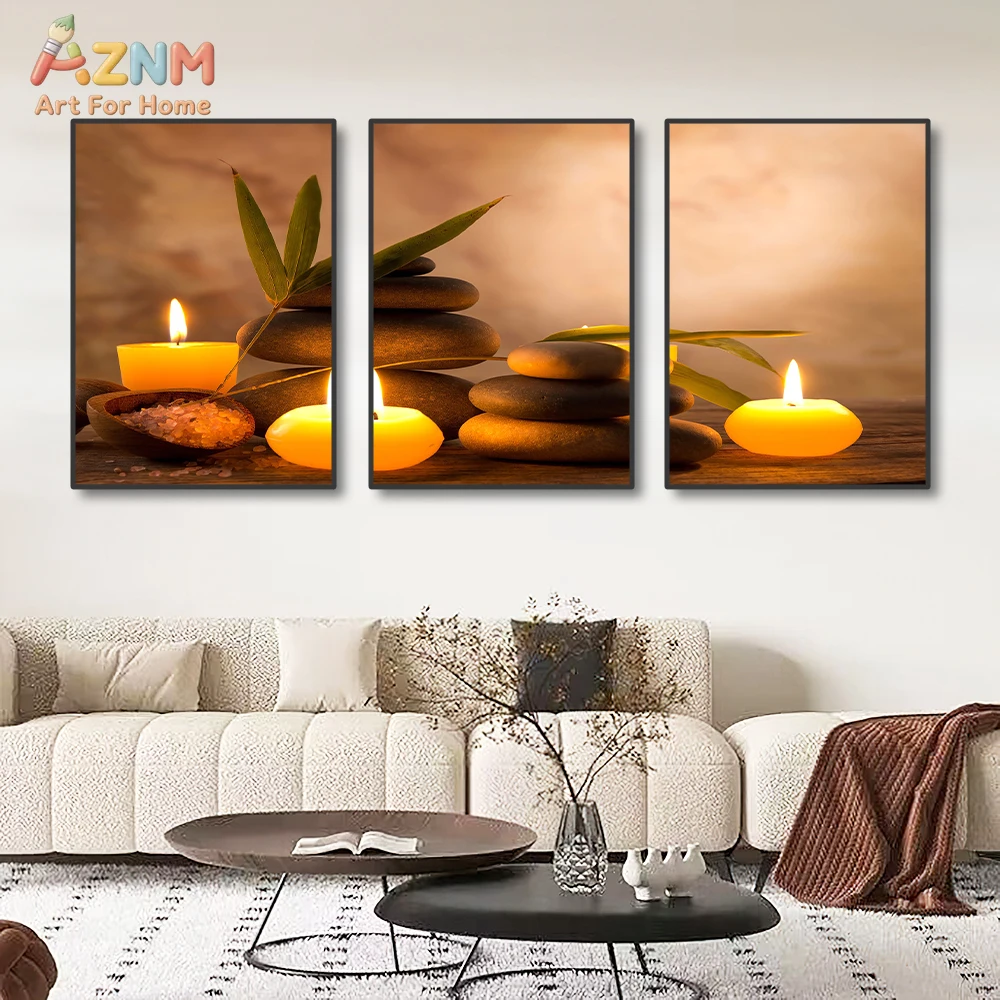 3pcs AZNM Zen Spa Meditation Stone Candle Bamboo Canvas Wall Art, Warm Tone Peaceful Relaxing Wellness Still Life Poster, Minima