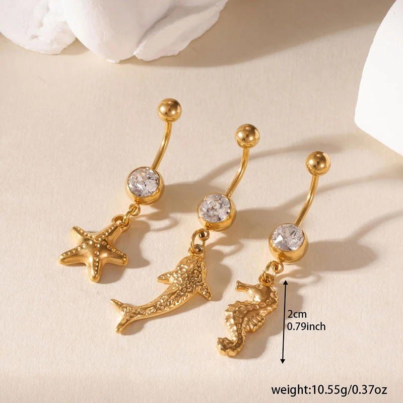 EILIECK 3Pcs Stainless Steel Banana Curved Belly Button Piercing Rings with Starfish Seahorses Zircon Internal Thread Belly