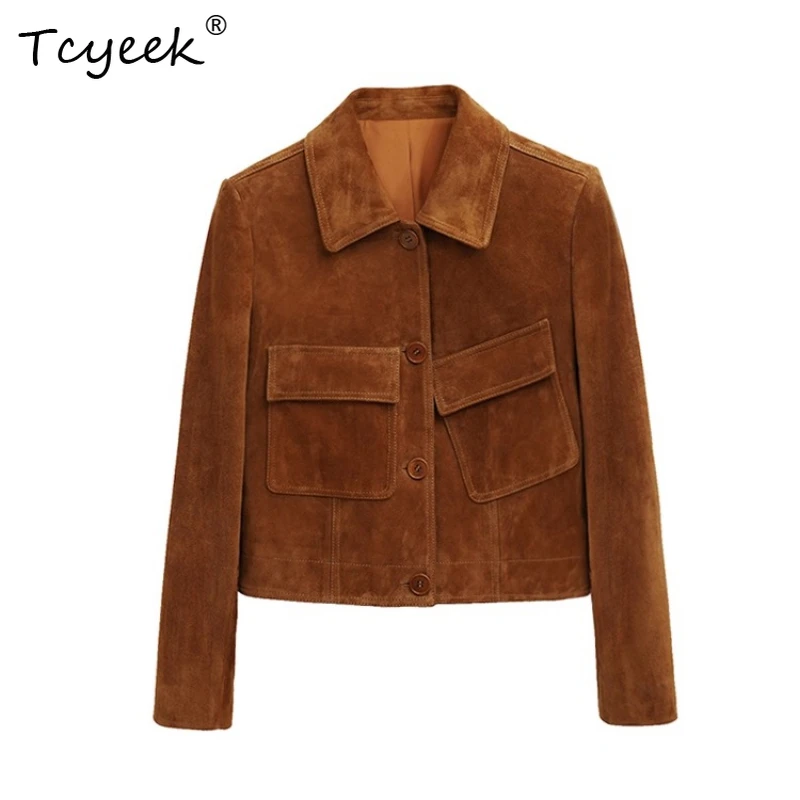 Tcyeek 本物の羊革 春秋 ハイエンド スエード スタンドカラー ショート丈 レディース 本革ジャケット 女性用レザージャケット