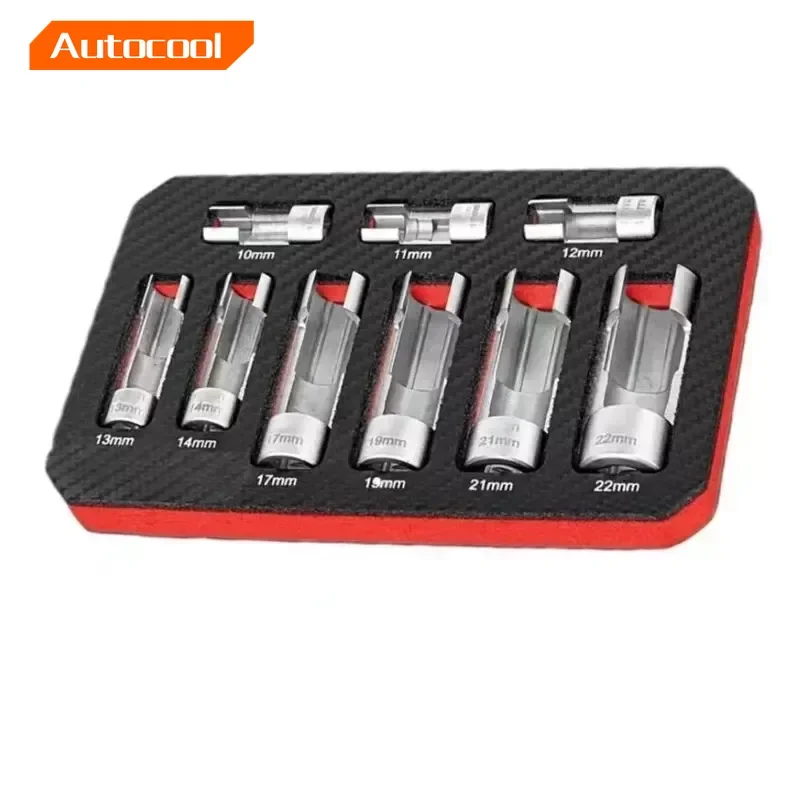 9PCS Open Oil Pipe Disassembly Sleeve Slotted Oxygen Sensor Wrench Flare Nut Socket Set Fuel Injection Hexagonal Repair Tool