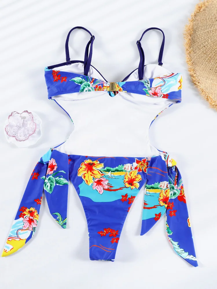 Miyouj Print Swimsuit Bandeau Swimwear Women Swimsuits New High Cut Bathsuit One Piece Suit Print Bodysuits Hollow Out Beachwear