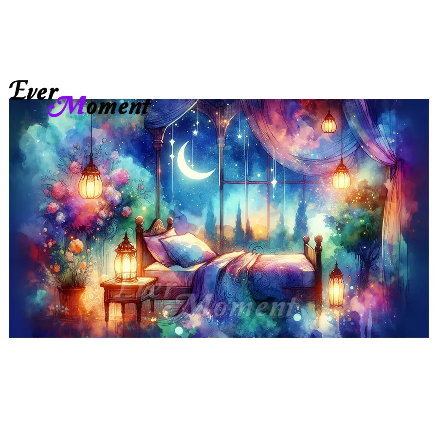 

Ever Moment Diamond Painting Cozy Bedroom with Lamp Under Moon DIY Diamond Painting for House Decor ASF3029