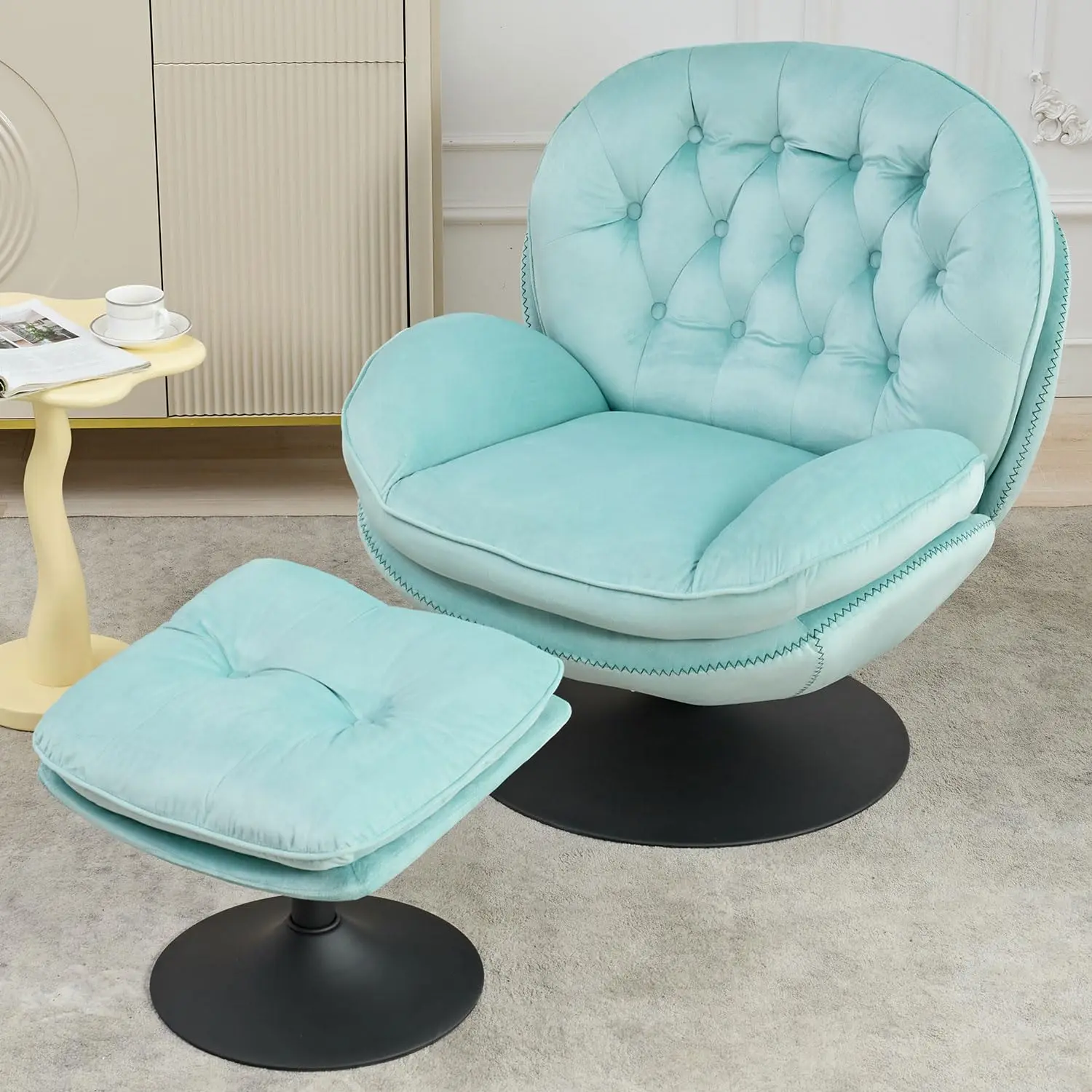 Swivel Accent Chair with Ottoman Set, Velvet Modern Lounge Chair with Metal Base Frame & Footrest, Comfy Lazy, Customized