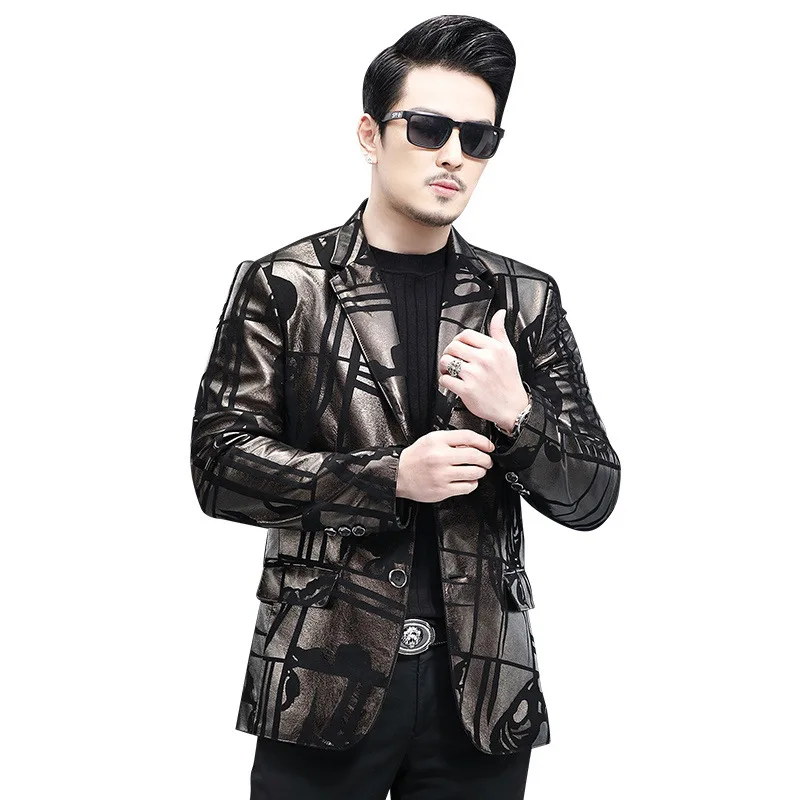 Natural Genuine Leather Coat Men\'s Sheepskin Printed Suit Jacket Fall/Winter Slim Suit Collar leather jacket  jaqueta masculina