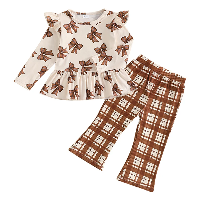 Kid Girls Pants Set, Long Sleeve Crew Neck Bow Print T-shirt with Plaid Flare Pants Fall Outfit