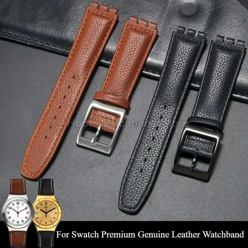 Brown Black White Premium Quality Genuine Leather Watch Strap 17mm 19mm for Swatch SUOB704 GB274 Scratch-Resistant Bracelet