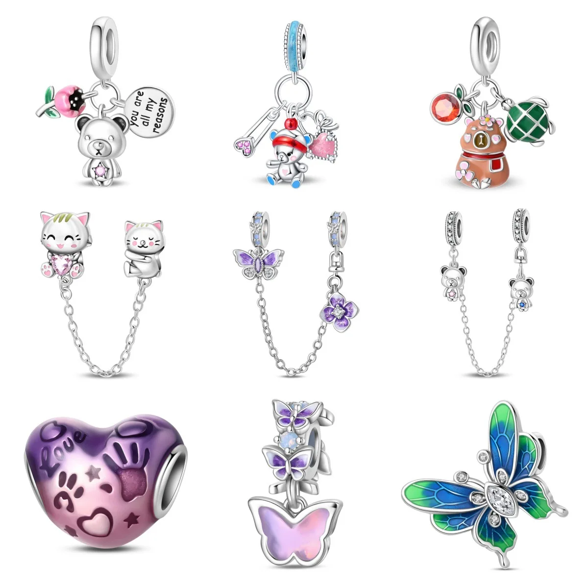 Original Charms Silver Plated Beads Bear Cat Capybara Animal Fit Bracelets Bag Keychain Charms Diy Women Gift Accessory