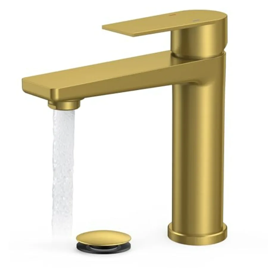 Grifo moderno para lavabo de baño: grifo de baño en oro cepillado, monomando de 1 orificio, 1.2 GPM, ahorrador de agua, con aireador, desagüe emergente y manguera