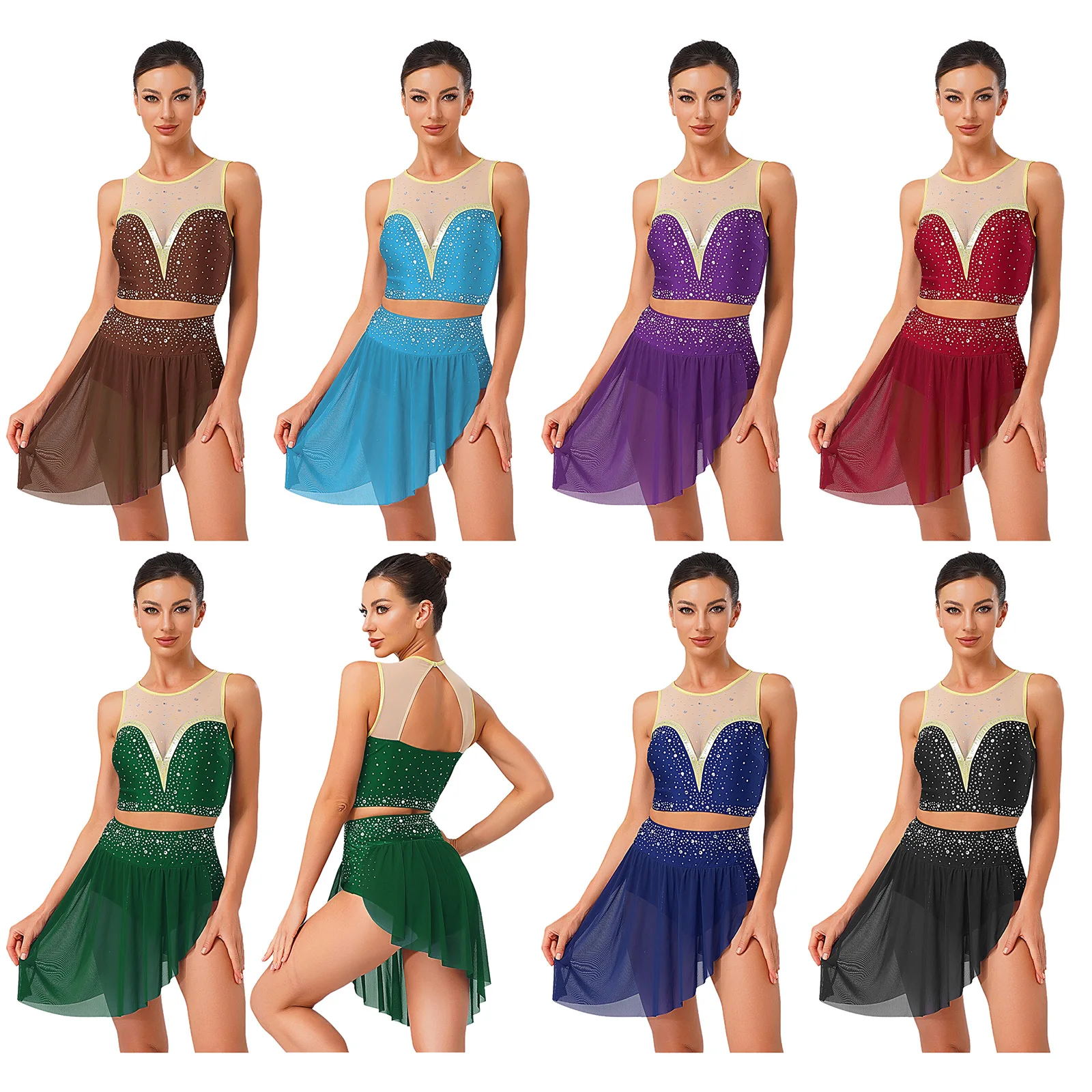 Tenue de danse moderne lyrique pour femmes, haut court sans manches + jupe avec strass brillants, ensemble 2 pièces pour spectacle de patinage artistique