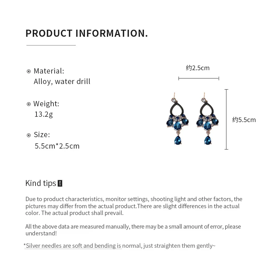 Ethnic Style Blue Water Drop Rhinestones Dangle Earrings for Women Retro Temperament Geometric Hollow Tassel Earrings Jewelry