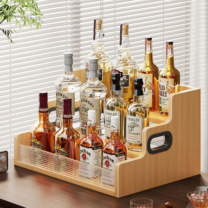 3-Tier Bottle Display Shelf Coffee Syrup Rack 3 Step Wooden Countertop Liquor Wine Rack Freestanding Storage Rack For Home Bars