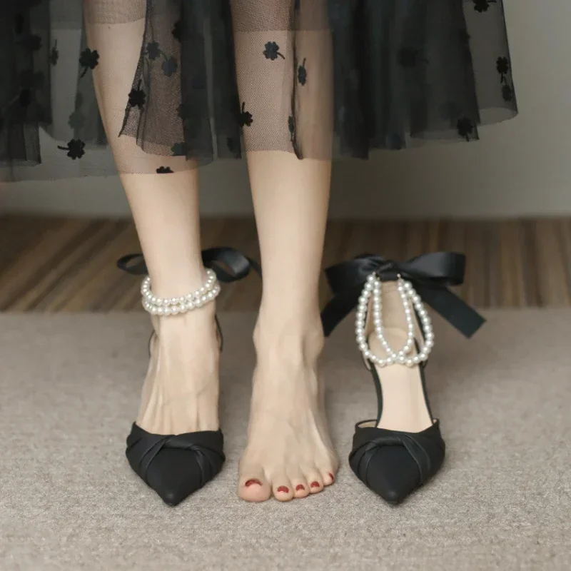 Women Elegant White High Heels Sandals  Chunky Platform Pearl Ankle Straps Pumps Woman Lace Bowtie Luxury Party Shoes