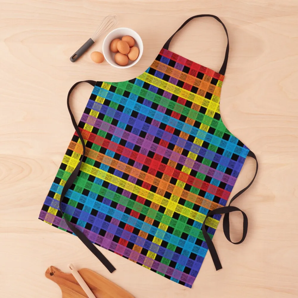 Rainbow Plaid Black Apron chef costume kitchen item For Woman Dress Apron